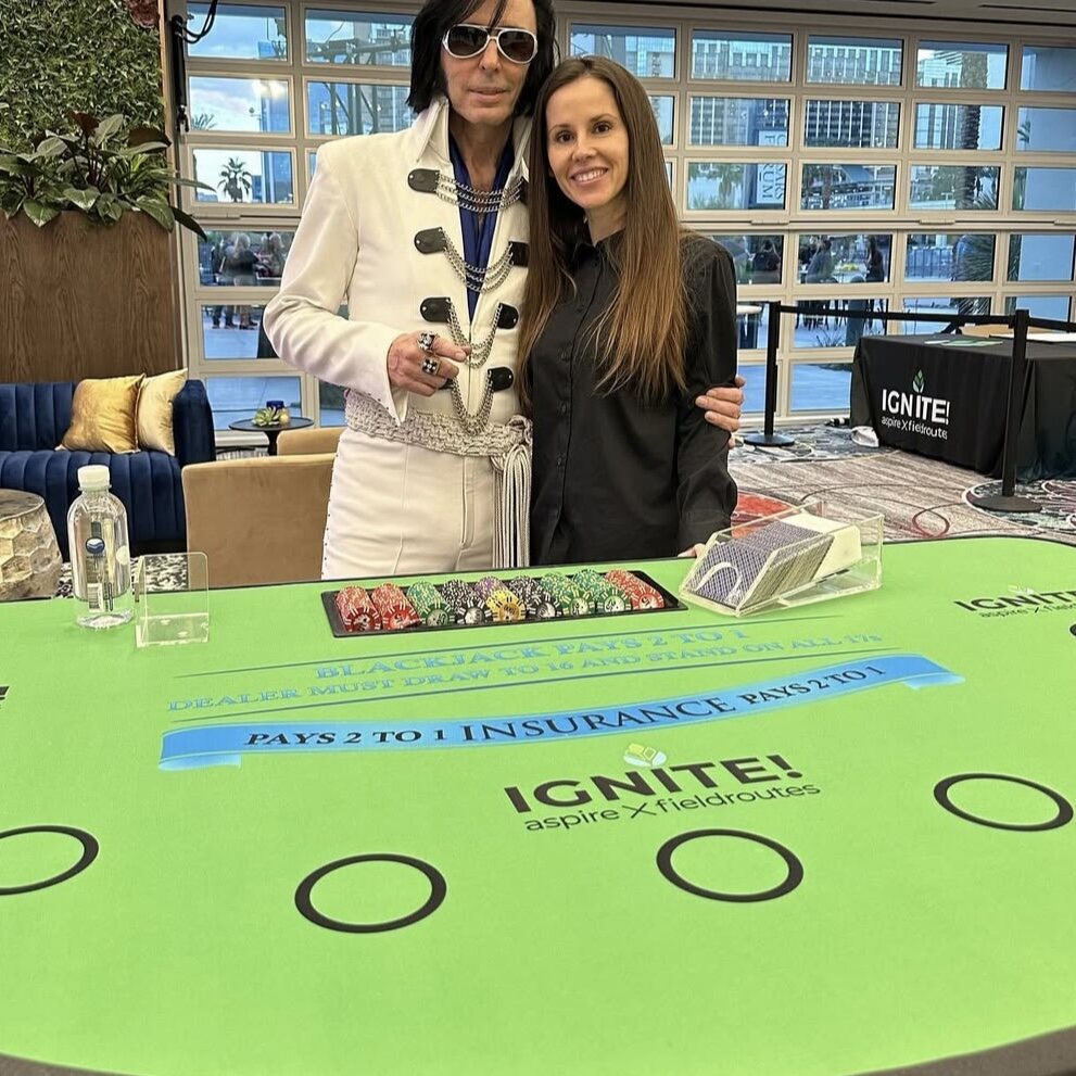 Guests at a custom blackjack table at a Sacramento corporate casino party