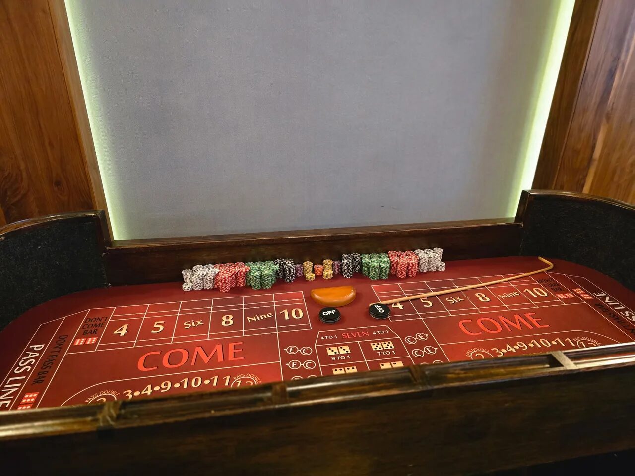 Close-up of a craps table layout with casino chips at a Sacramento casino party