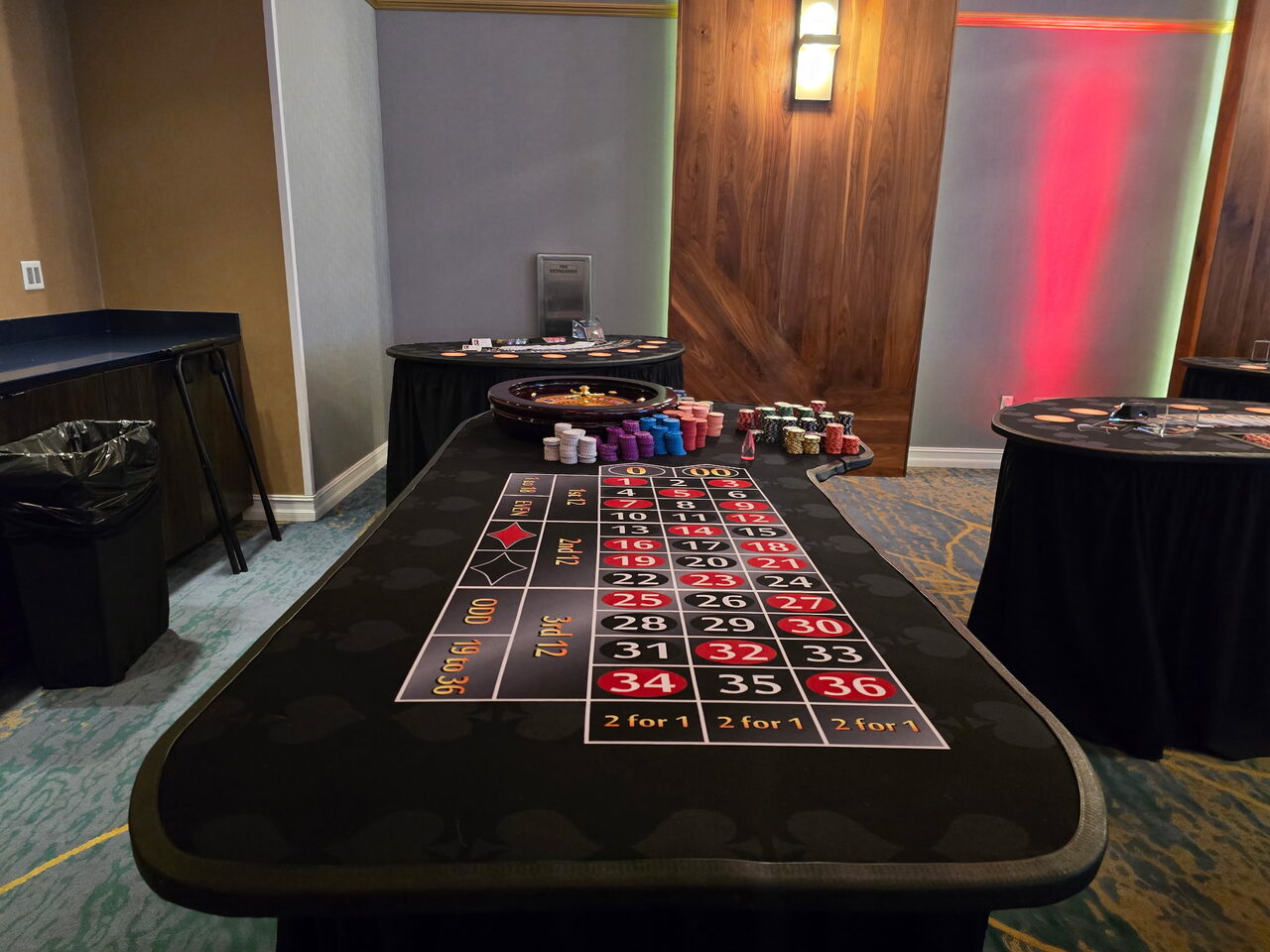 Roulette table set up in a hotel ballroom for a Sacramento casino party